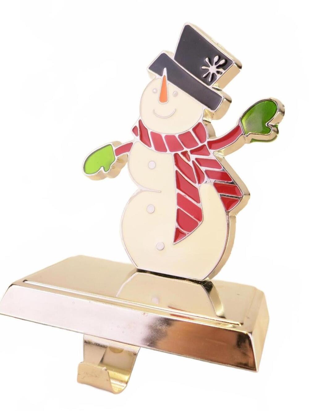 Enamel on Metal Waving Snowman Christmas Stocking Holder 6.5" tall Vintage